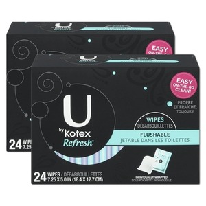 Kotex Refresh Flushable Wipes 2 Pack (24 Count per box)