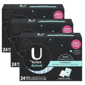Kotex Refresh Flushable Wipes 3 Pack (24 Count per box)