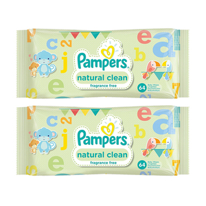 Pampers Natural Clean Baby Wipes 2 Pack (64's per Pack)